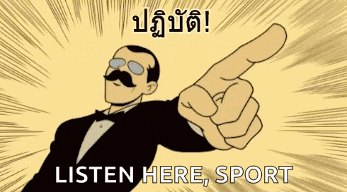 a cartoon man in a tuxedo is pointing with his finger and says listen here sport