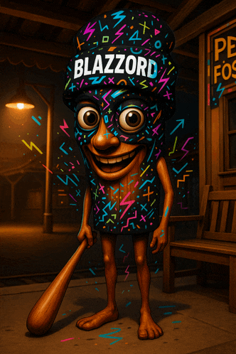 a cartoon character wearing a hat that says blazzard