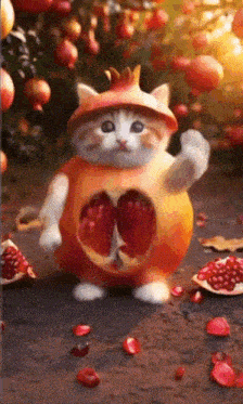 a cat is dressed as a pomegranate with a heart in its chest