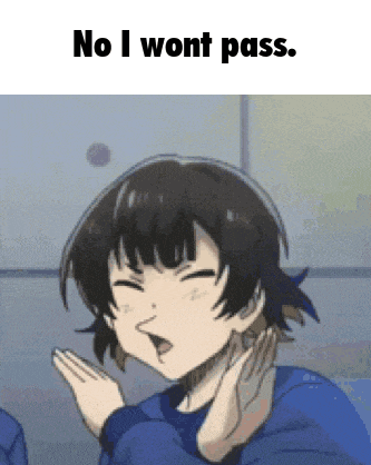 a girl in a blue shirt is making a funny face with her hands on her face .