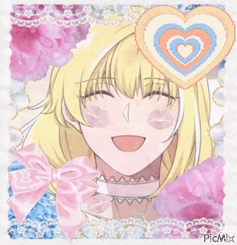a picture of a girl with kisses on her cheeks and a heart in the background