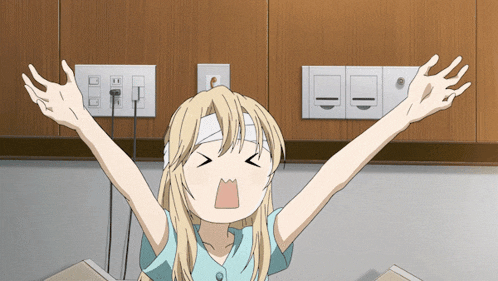 a girl with a bandage on her forehead has her arms outstretched in a kitchen