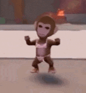 a monkey in a pink bikini is dancing on a floor .