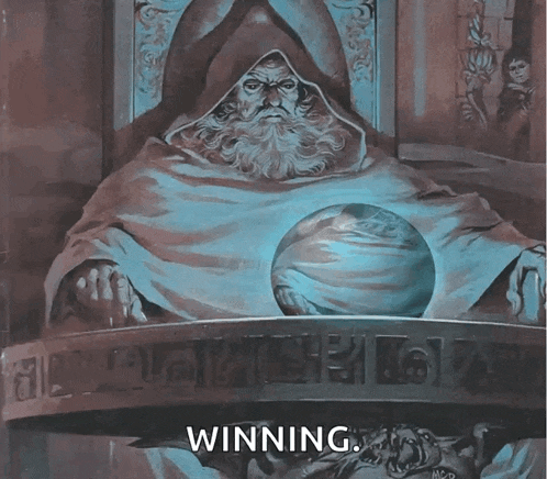 a painting of a man with a beard holding a crystal ball with the word winning below him